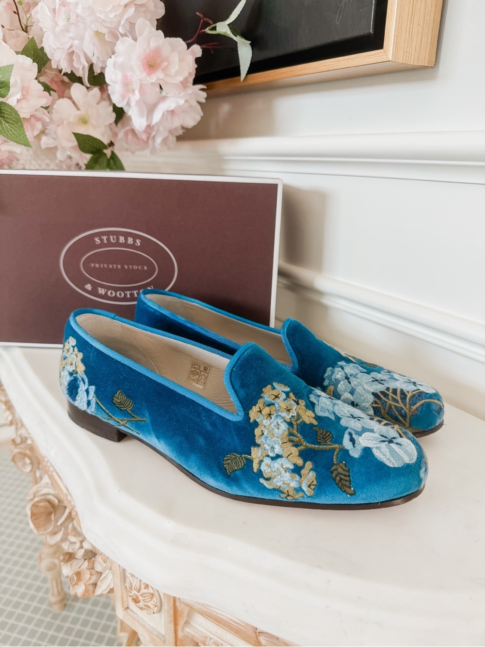 Stubbs & Wootton Teal Velvet Floral Hydrangea Embroidered Loafers Sz 9.5